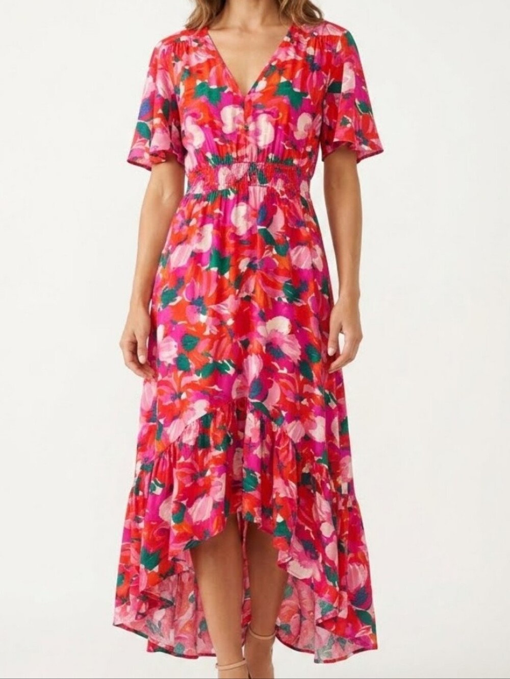 Abel the Label Anthropologie Pink Floral High Low Maxi Dress Flutter Sleeve XS